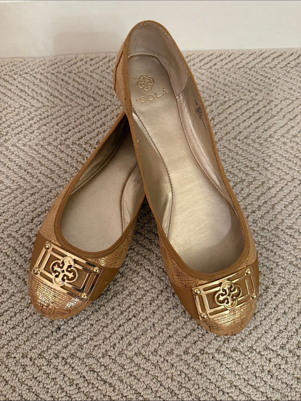 Isola Metallic Gold Ballet Flats with Decorative Plaque